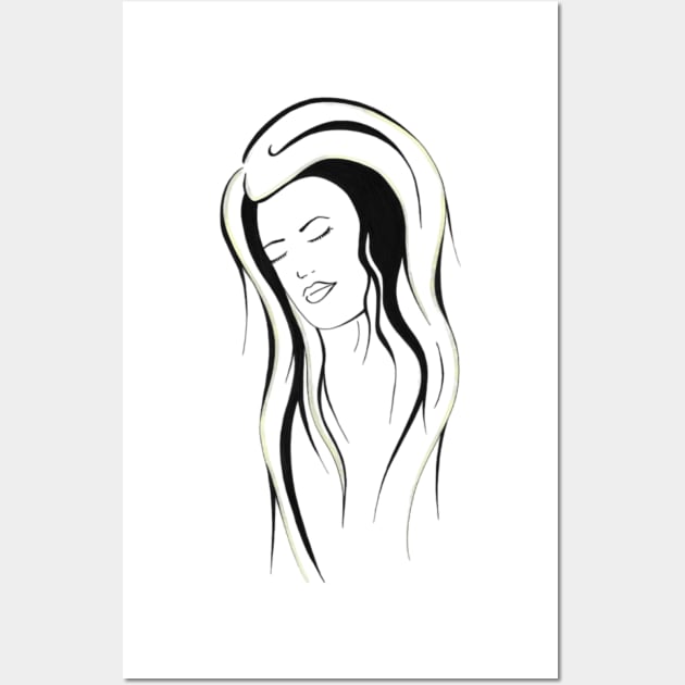 Young woman with eyes closed and long hair Wall Art by Drawings by Wandersti